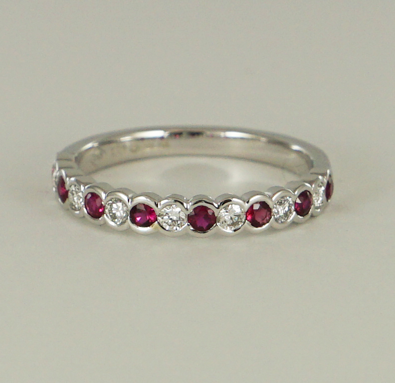 Red Ruby And CZ Diamond Round Wedding Band Alternate Ruby & Diamond Half Eternity Band Delicate Dainty Band with Diamond Solid Gold Band